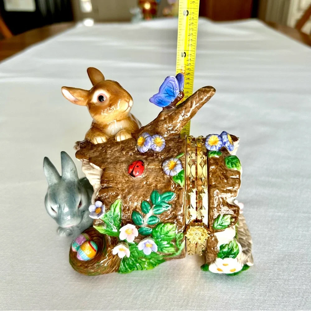Vtg Hand Painted Porcelain Hinged Faberge Trinket Box Woodland Easter Spring
